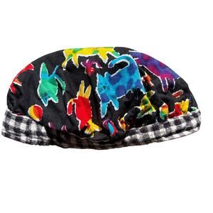Vtg retro kids Beret cat kitten pattern medium Kidcore cap made in USA cotton